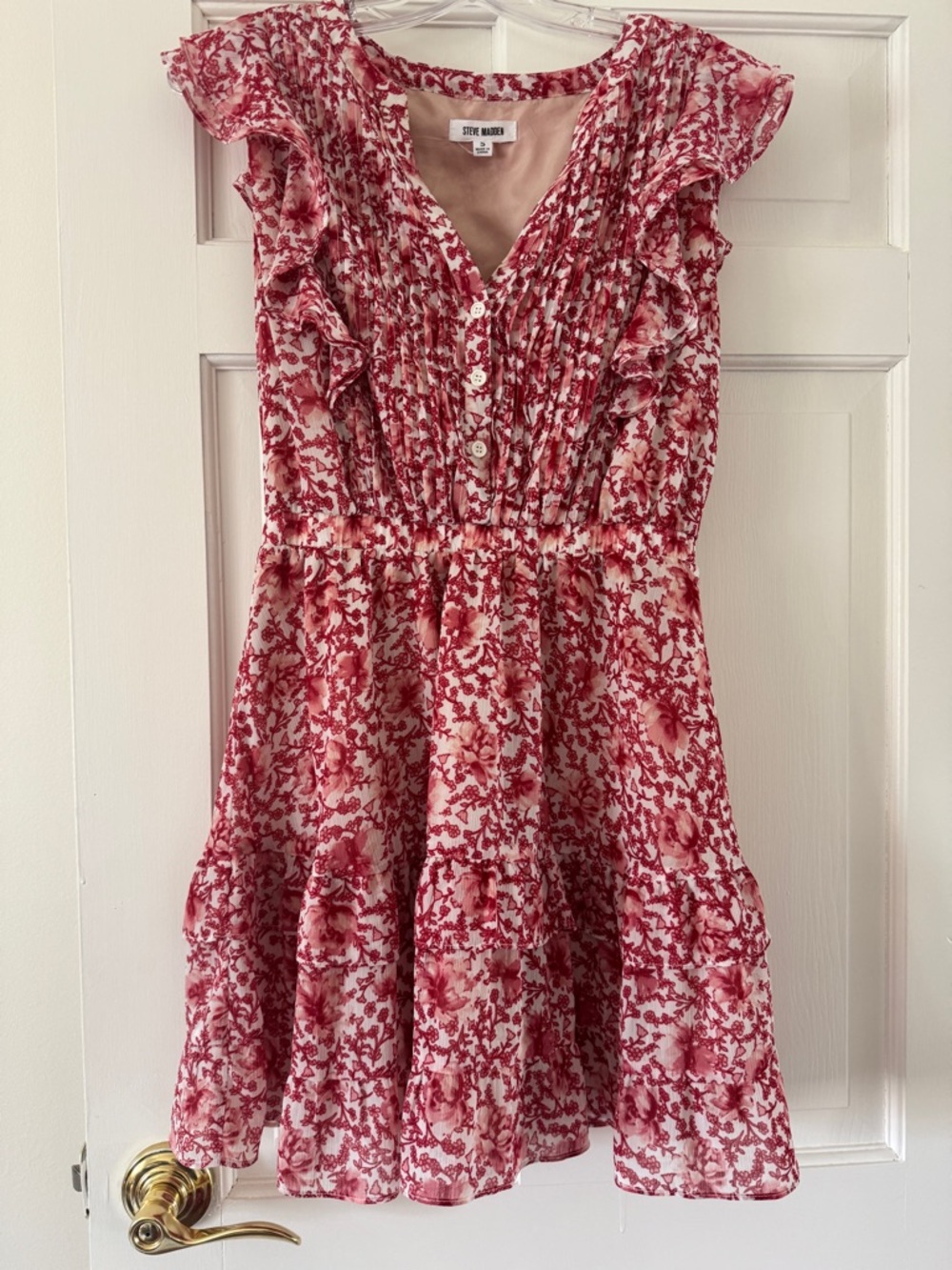 Steve Madden Cherry Blossom Print Pink and White Floral Ruffle Dress
